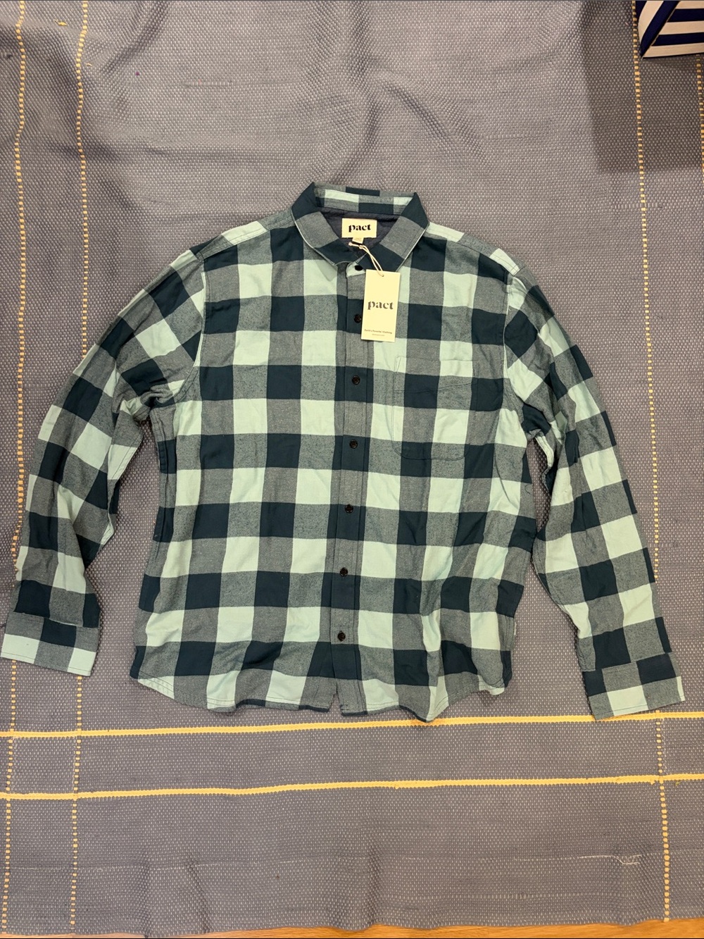 NWT Pact Light Blue and Navy Check Long-Sleeve Button-Down Flannel Shirt
